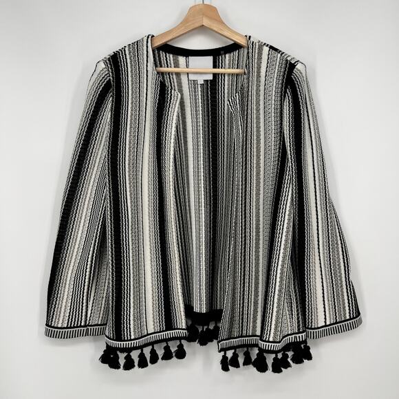 Misook Collection Cardigan Pom Pom Fringe Open Sweater Large Black White Striped - Picture 1 of 10